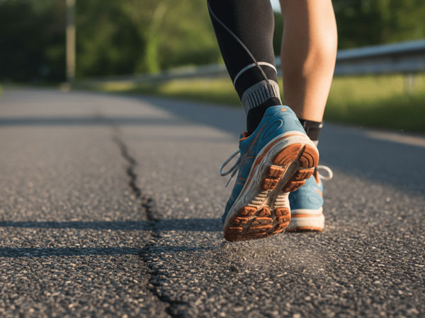 Gros plan sur les jambes et chaussures d’un coureur en mouvement sur route à Bourg-Achard